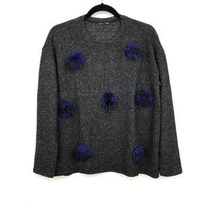 Zara Soft Knit Sweater Charcoal Black Blue Fuzzy Dots Medium